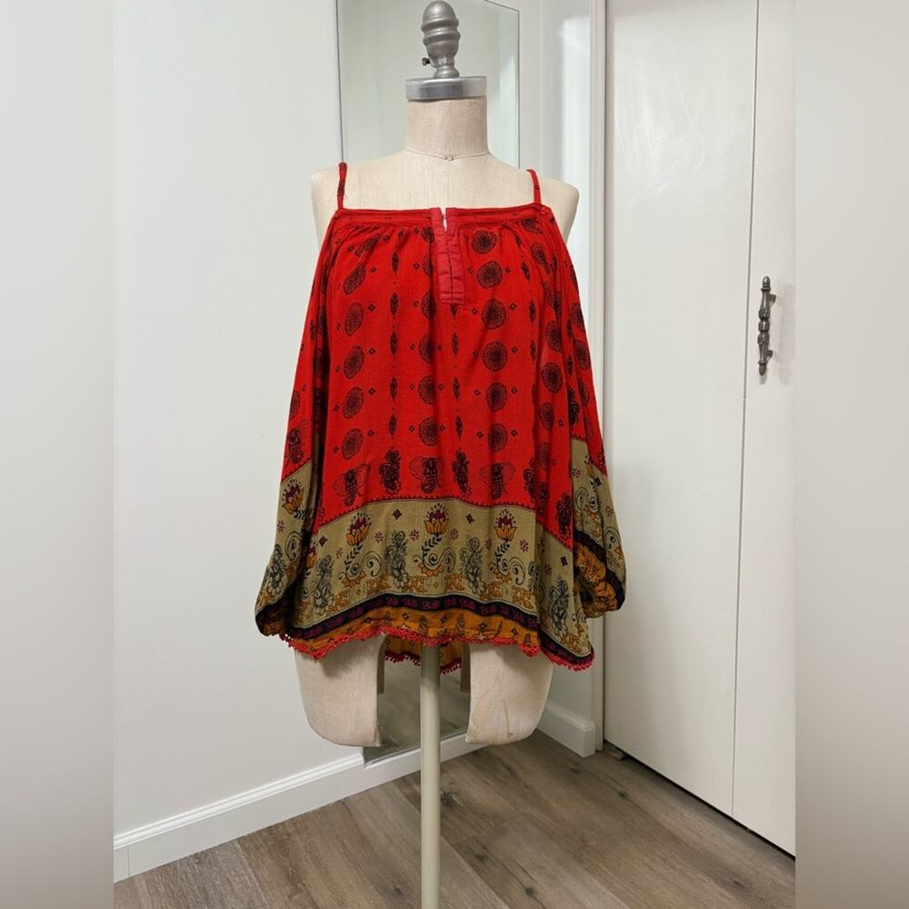Japna Woman's Red Bohemian Cold Shoulder Long Sleeve Blouse Large